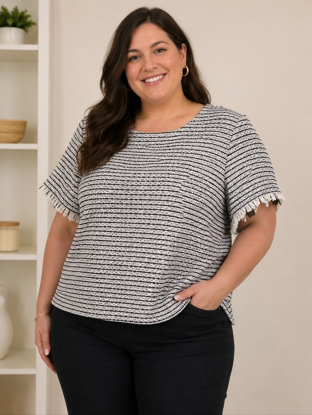 Talbots Black and White Textured Short Sleeve Top